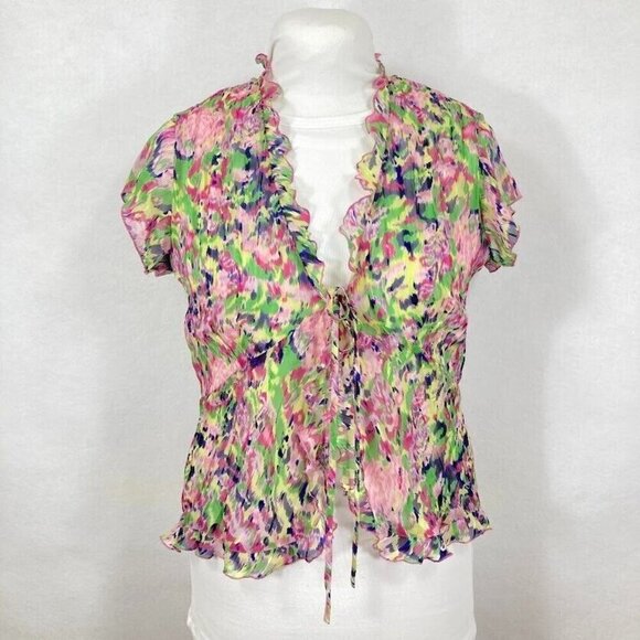 Sheer Babydoll Top Tie Front Flounce Sleeve Floral Ruffle Fairy Dainty Y2K Med - Picture 1 of 5